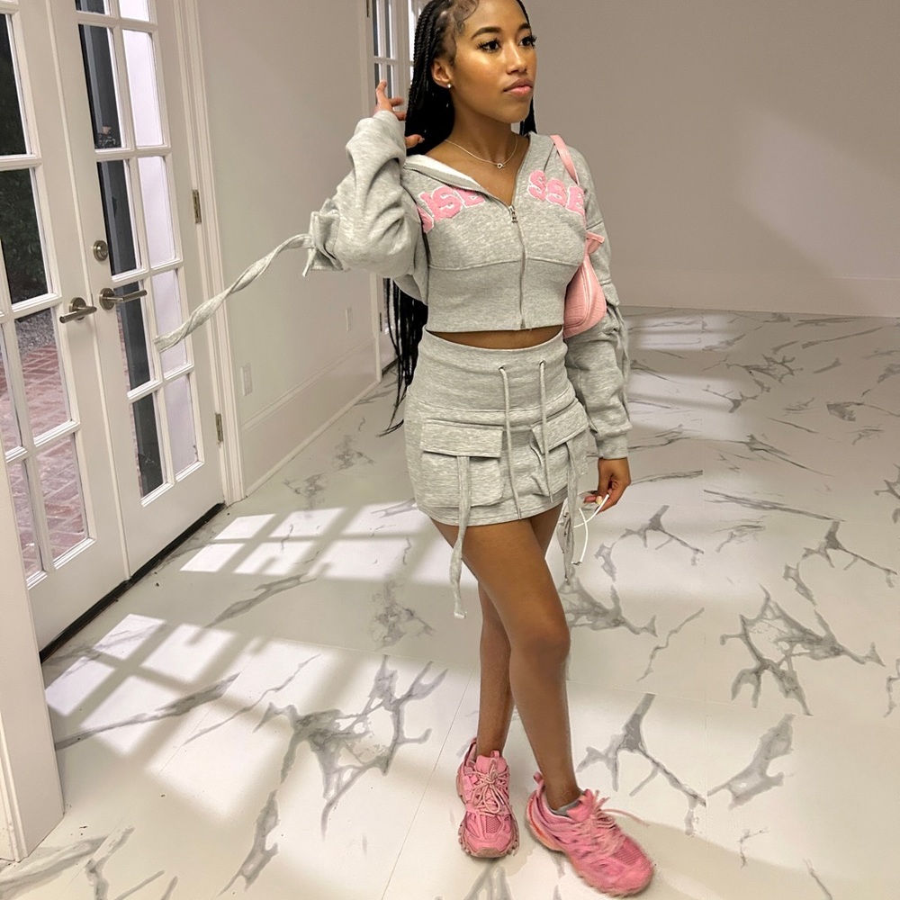 Cropped Hoodie & Multi Pocket Mini Skirt in Grey